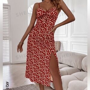 SHEIN Privé Women's Red & White Ditsy Floral Spaghetti Strap Midi Dress Size M